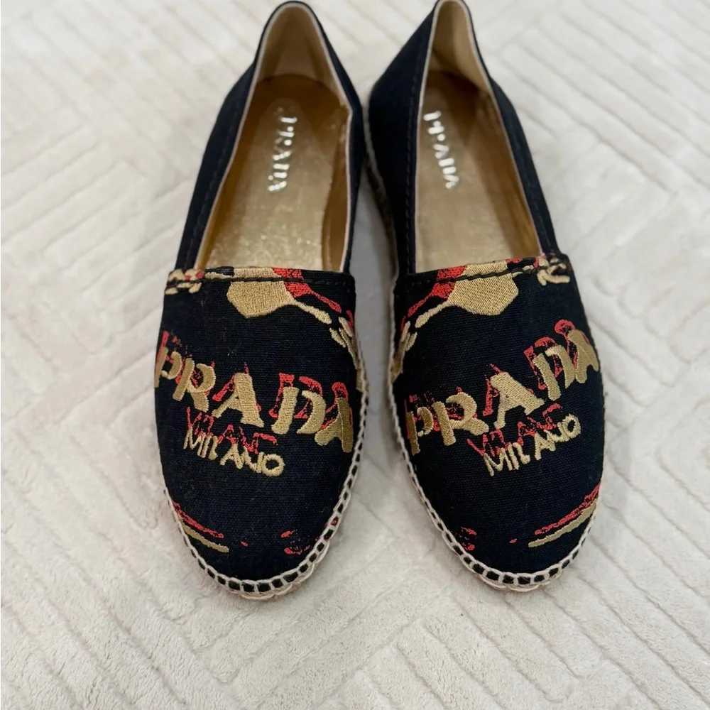 Prada Black Canvas Espadrilles with Gold and Red Logo Embroidery